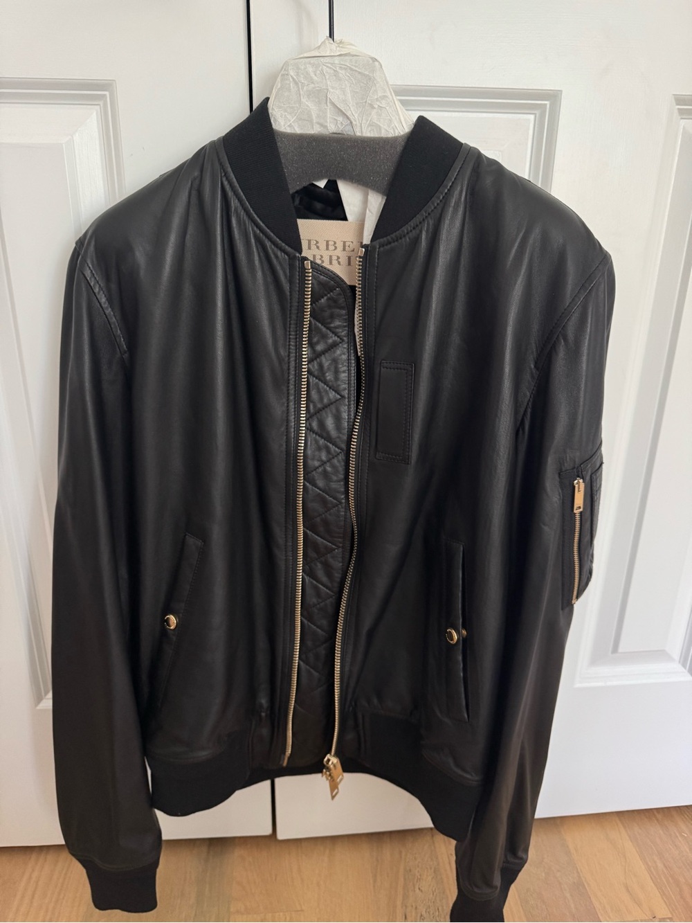 Burberry Black Leather Bomber Jacket with Quilted Front Panel